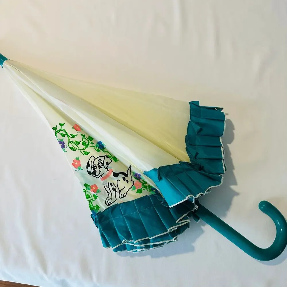 Vintage 'Beth' Dalmatian Custom Painted Blue Ruffle Trim Umbrella